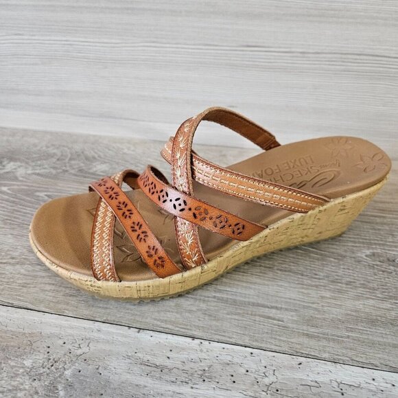 Skechers Tiger Posse Luggage Slide Cork Wedge Vegan Strappy Sandals Beverlee 8 - Picture 3 of 15